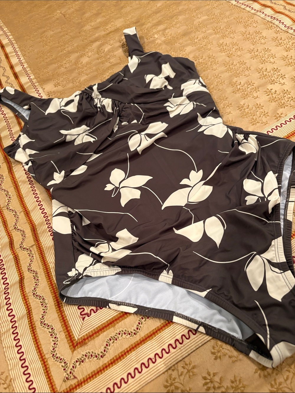 Lands' End Brown/Cream Flowered One-Piece, Built-In Wire Bra,  Nylon Blend, 14